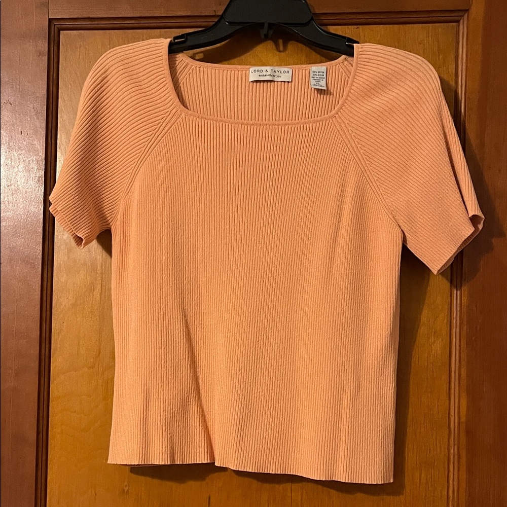 Lord & Taylor Coral Ribbed Short Sleeve Blouse